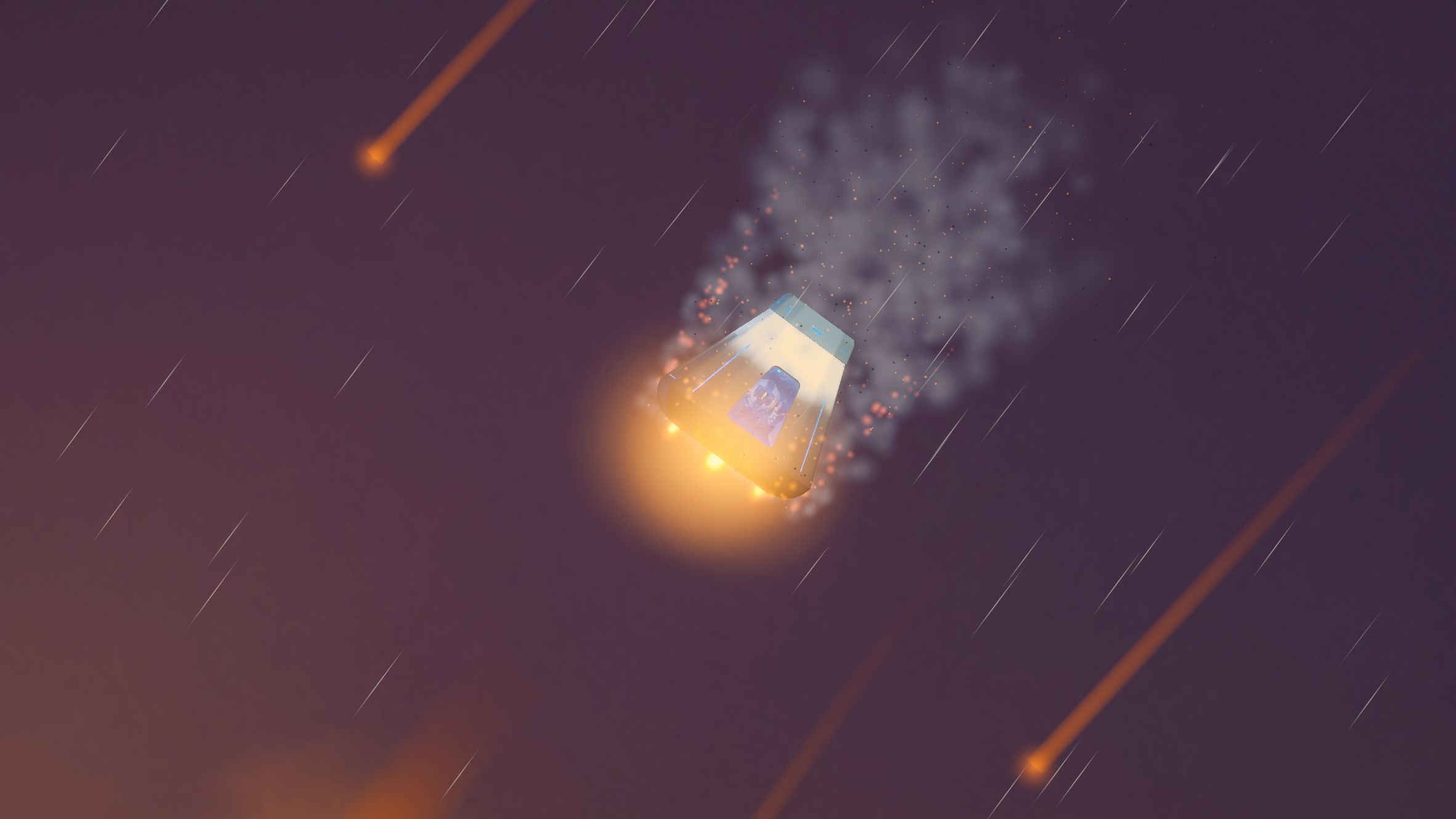 [TO BE REPLACED] The Escape Pod falling through a purple sky trailing smoke, meteors burning in beside it